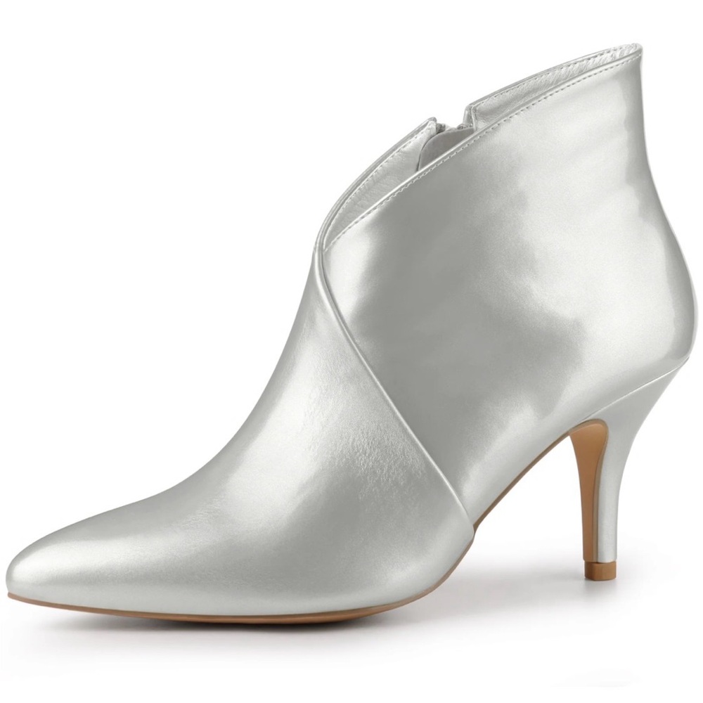 Elegant Silver V Shape Pointed Toe Stiletto Heel Ankle Boots.